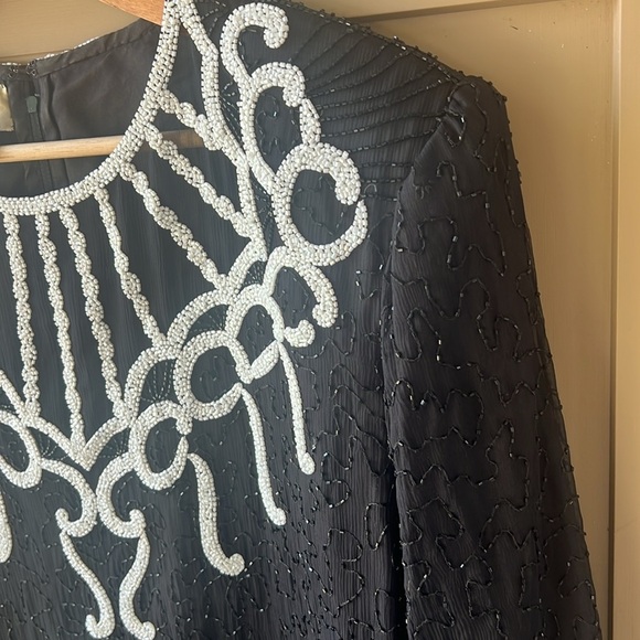 Vintage Brilliante JA 100% Silk Allover Beaded Black White Sheath Midi Dress 2X - Picture 12 of 15